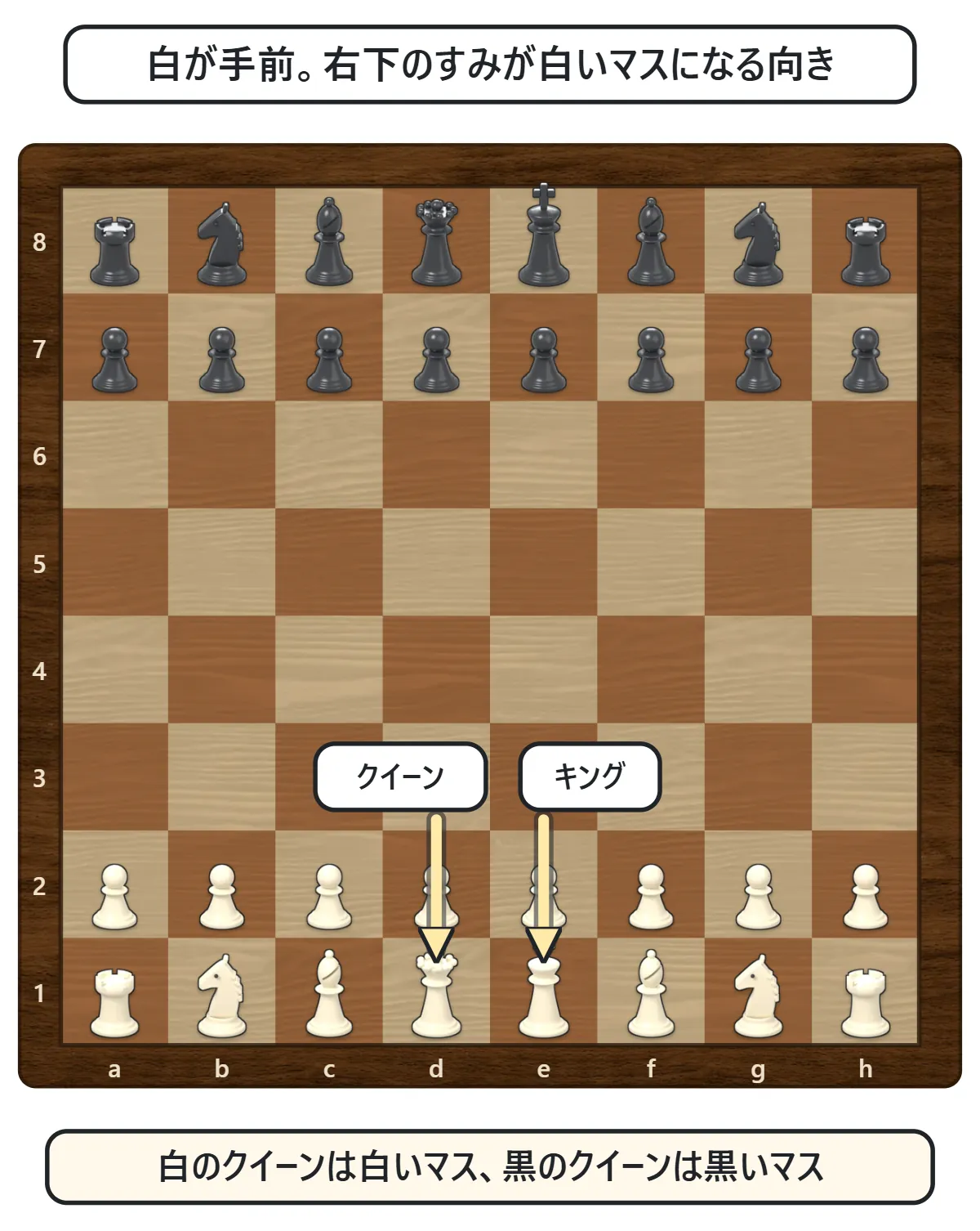 8×8の盤の手前2段に白の駒16個、向こうの2段に黒の駒16個を並べた図。いちばん手前の段は左からルーク・ナイト・ビショップ・クイーン・キング・ビショップ・ナイト・ルーク、その前にポーン8つ