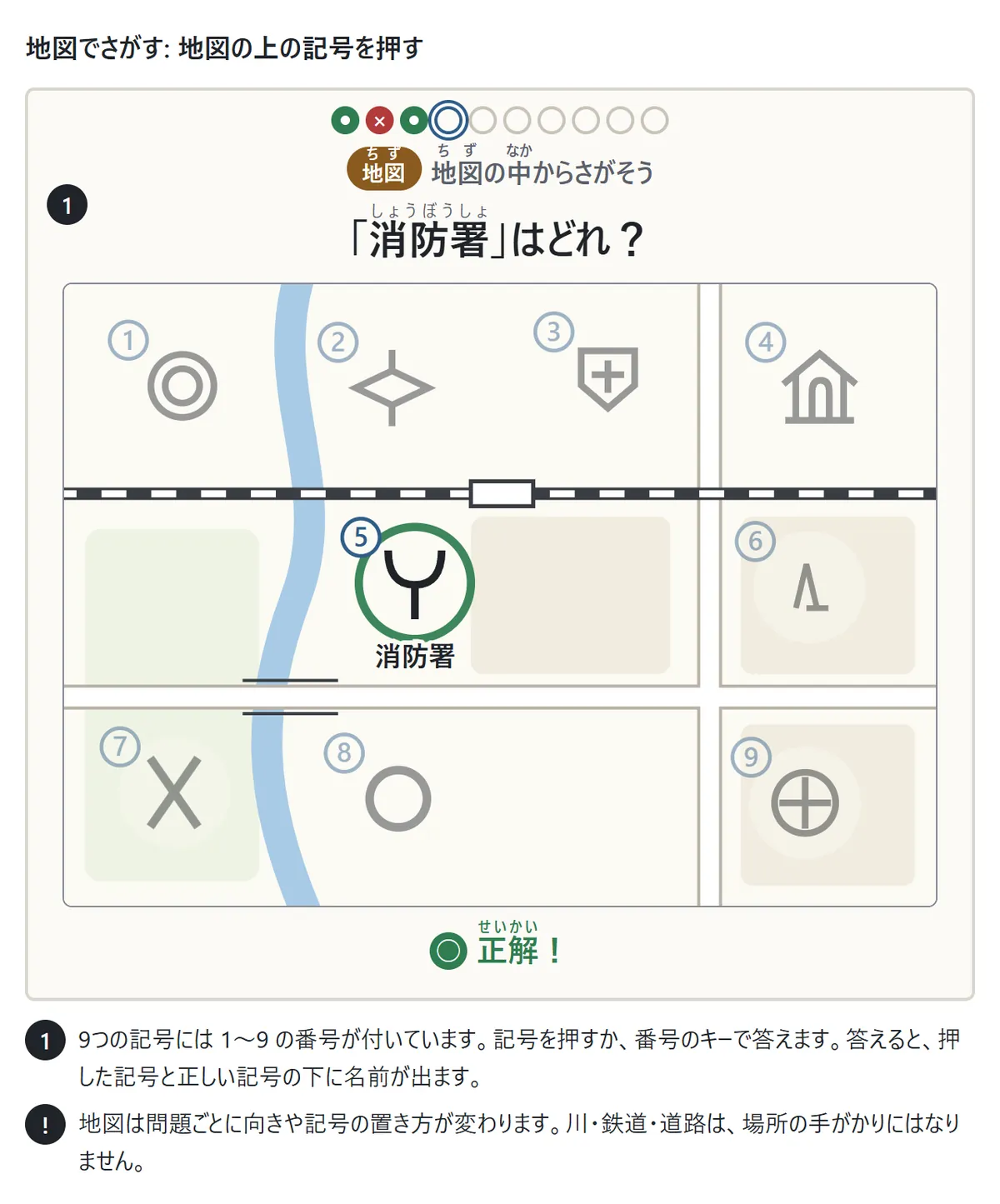 地図でさがす問題の図。川・鉄道・道路の通る地図の上に9つの地図記号が散らばり、それぞれに1から9の番号。問題は「消防署はどれ?」。消防署の記号を押すと緑の丸が付き、下に名前が出る