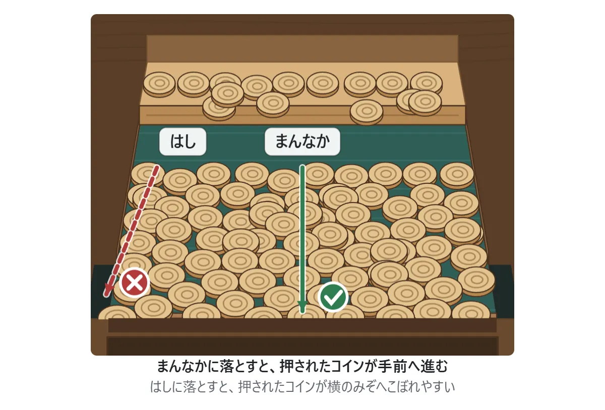 落とす位置の図。まんなかに落とすと、押されたコインはまっすぐ手前へ進み、縁から落ちる。はしに落とすと、押されたコインが横のみぞへこぼれやすい