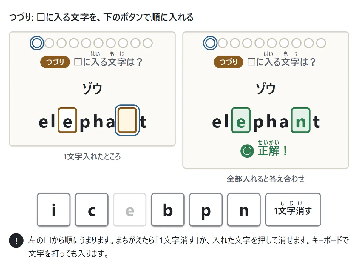 つづりの問題の図。意味「ゾウ」と、2か所が□になった elephant が出る。下に6つの文字のボタンと「1文字消す」。左は1文字入れたところ、右は全部入れて正解したところ