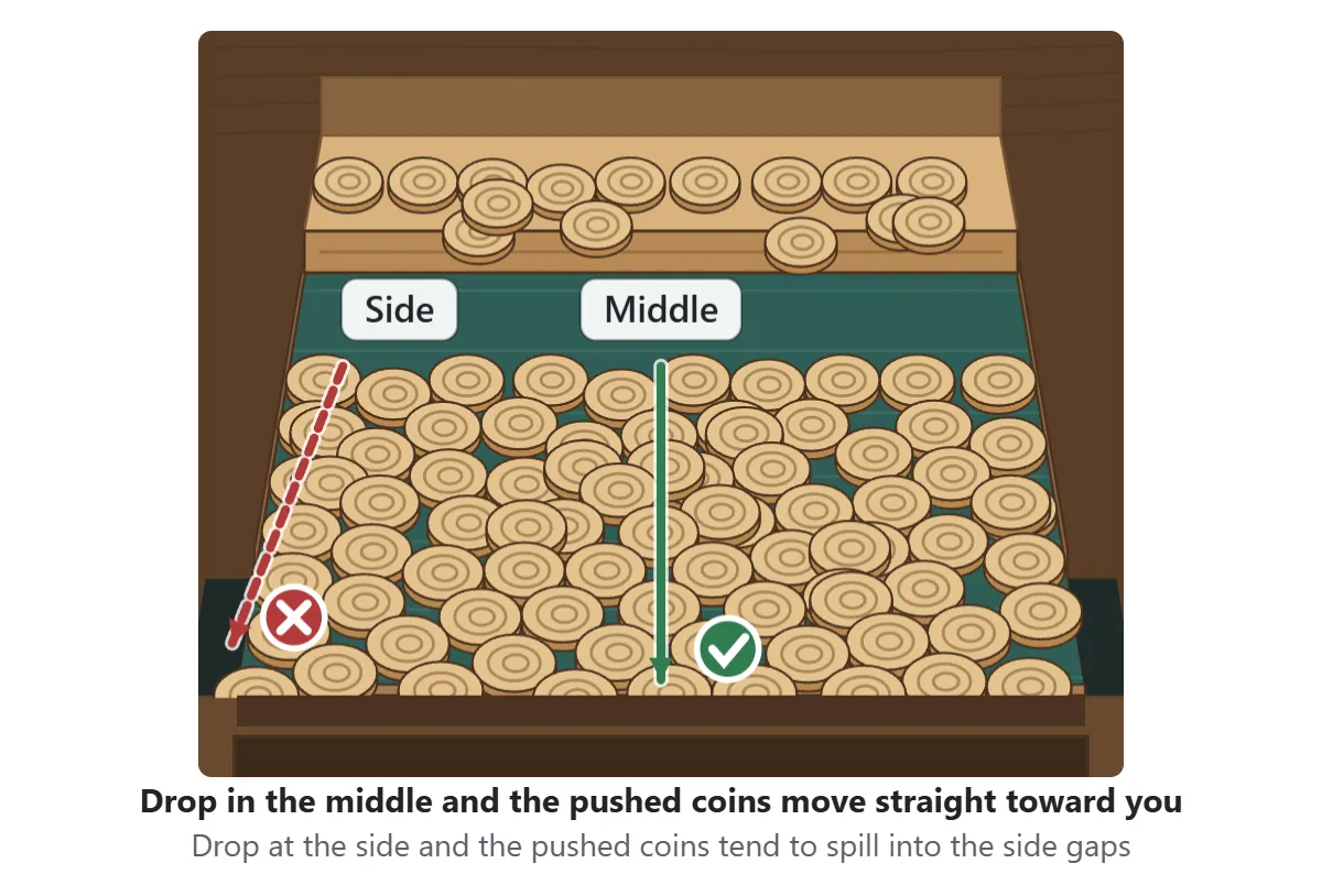 Drop position. A coin dropped in the middle pushes the coins straight toward the front edge. A coin dropped at the side tends to push coins into the side gaps