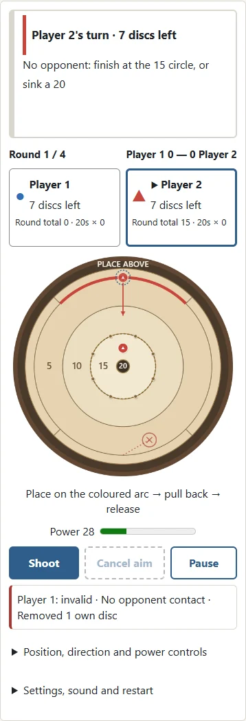 1. The invalid shot and removal count stay visible. 2. The red path marks its final position. Involved own discs are removed and the turn changes.