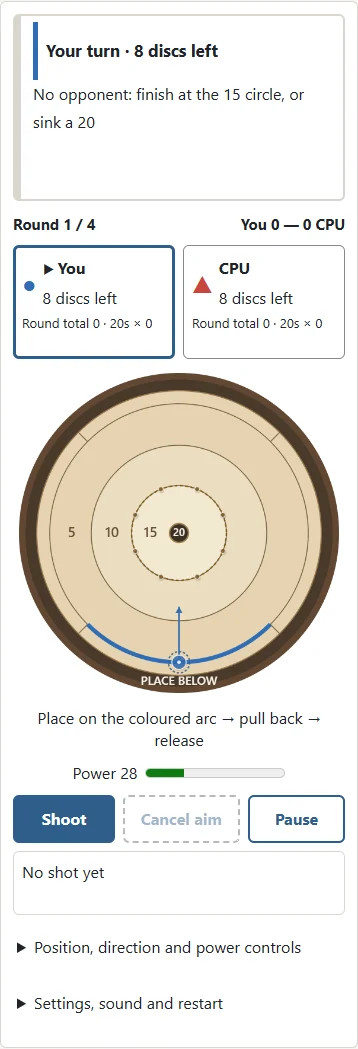 1. With no opposing disc, the 15 circle is highlighted. 2. An involved own disc must finish touching or inside it, or sink in the 20 hole.