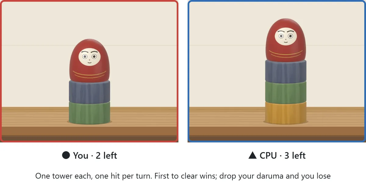 Head-to-head play. On the left, your tower in a red frame with 2 blocks left. On the right, the CPU’s tower in a blue frame with 3 blocks left