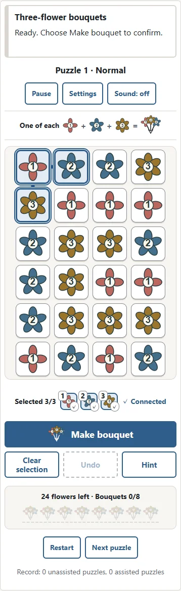 1. Three side-connected flowers may form an L. 2. One of each type and a valid connection enable Make bouquet. Retap, Escape or Clear selection does not remove flowers.