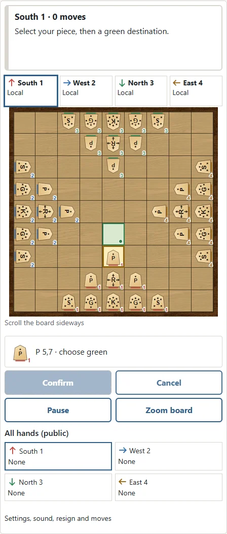 ① Select your piece; ② legal destinations turn green. Choose a destination, then Confirm to make the move.