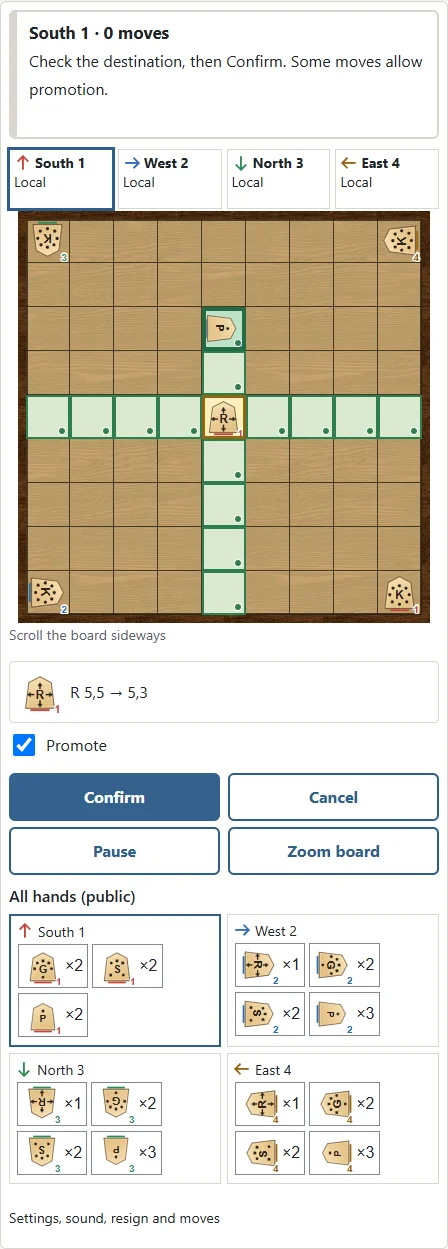 When promotion is available, ① select Promote, then ② Confirm. Promoted pieces have red letters and a red plus badge.