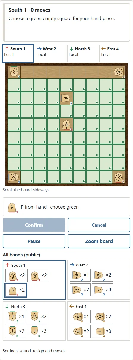 ① Select a piece from your hand; ② legal empty squares turn green. Choose a destination and Confirm. Captured pieces return to their unpromoted type and face in your direction.