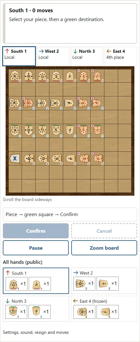 ① An overturned king cannot move or be captured. ② An eliminated player’s hand is frozen and is not transferred. Their other board pieces can be captured.