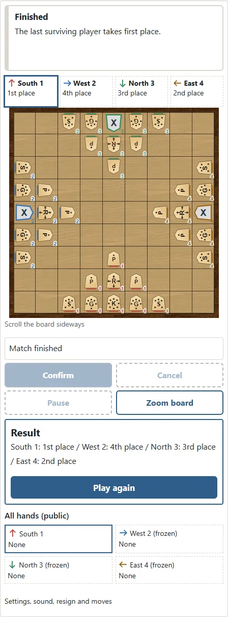 ① Eliminated players place fourth, third and second; the last survivor places first. ② Play again returns to the initial board with the same settings.