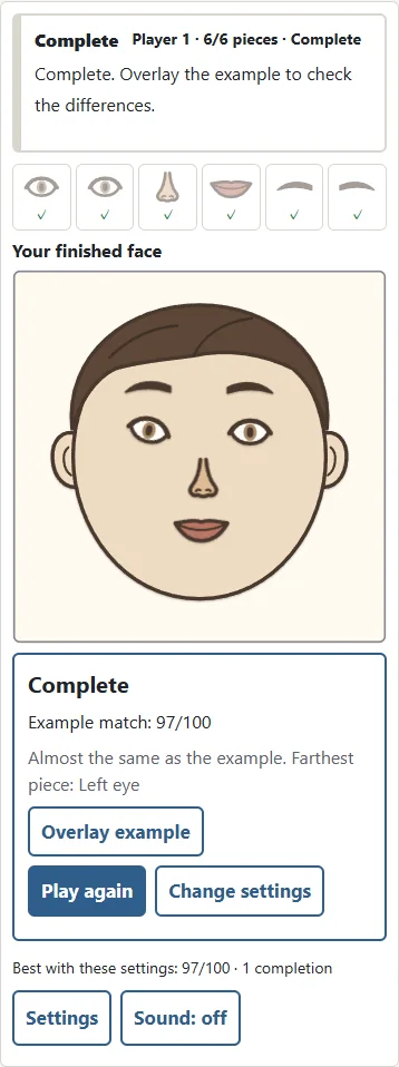 1. Compare the finished face and score. 2. Try again with Play again.
