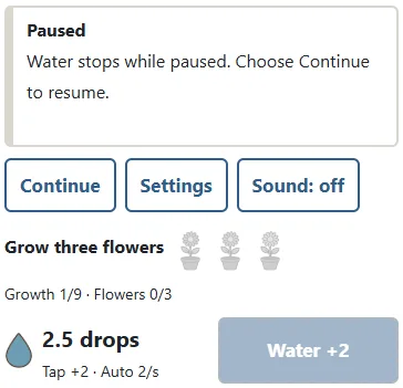 ① Pause stops manual and automatic collection and purchases. ② Continue resumes. Settings also stops the garden. Continue restores its original pace even after you edit a settings draft.