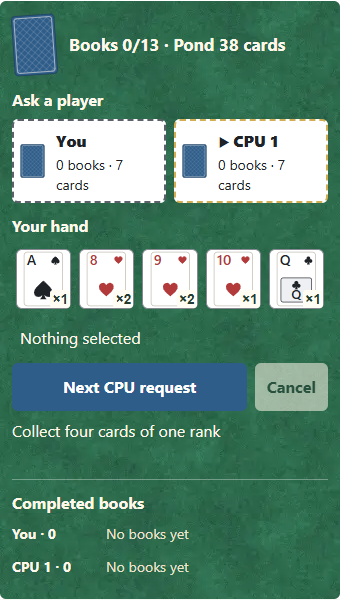 ① Check the pond and book total; ② these are your cards. Collect all four cards of a rank and make the most books.