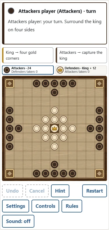 1. On an 11×11 board, escape to one of four gold corners. 2. Other edge squares do not win. Copenhagen and Fetlar share this goal.