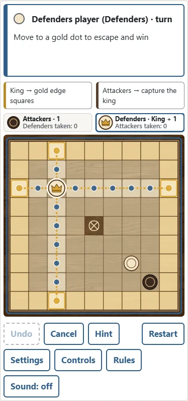 1. Select the king. 2. The gold dot reaches an edge: moving there wins for the defenders.