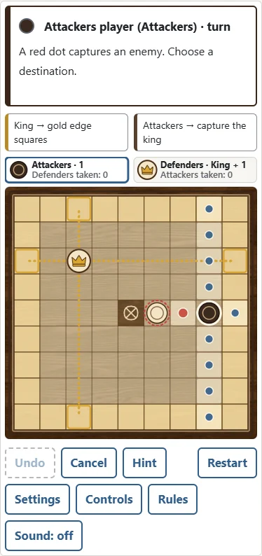 1. The throne is empty after the king leaves. 2. Move to the red dot to capture the defender against the throne.