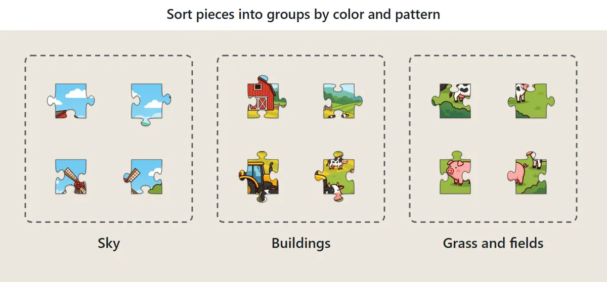 Pieces sorted into three groups on the table: sky, buildings, and grass and fields
