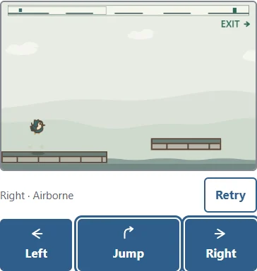 ① Hold Right and ② press Jump with another finger. ③ The row under the view shows the held direction and whether you can jump.