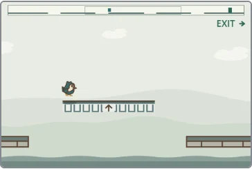 ① Jump up through the mesh ledge from below. ② Fall onto its top to land; the shadow below marks the spot.