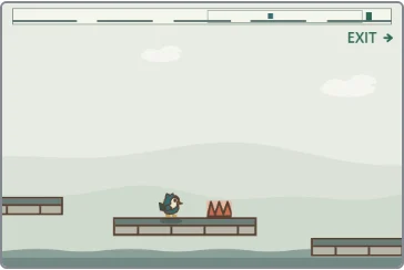 ① Touching the pointed spikes ends the attempt. ② Land before them and allow room to brake, or make another jump.