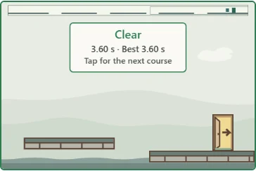 ① A clear shows your time and best time. ② The doorway lights up; tap the view or press Space for the next course.