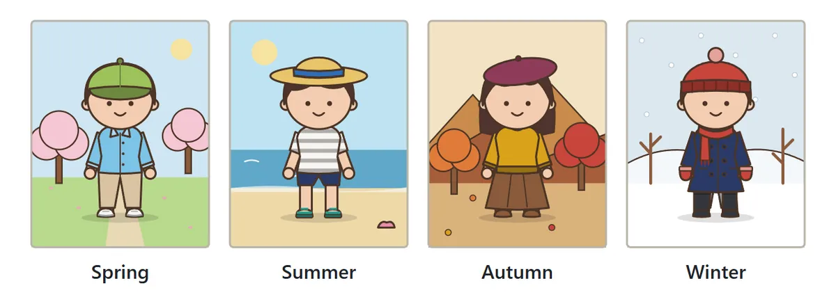 Four seasonal outfits: spring with a long-sleeved shirt and cap, summer with a striped T-shirt, shorts and straw hat, autumn with a sweater, long skirt and beret, and winter with a coat, scarf, gloves and beanie