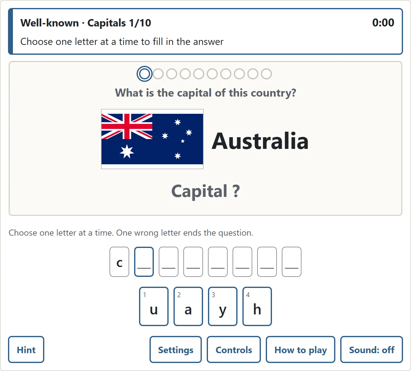 Australia’s flag and name with letter choices for Canberra