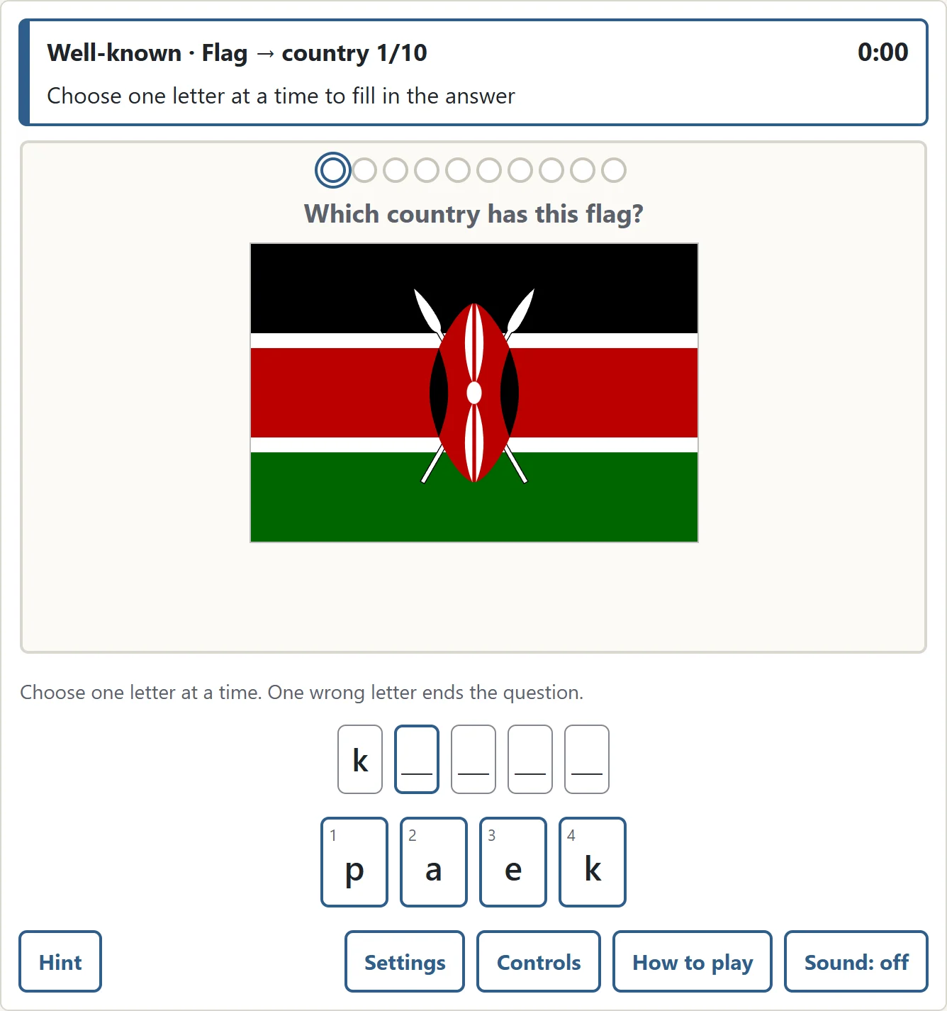 The flag of Kenya with letter choices for the country name