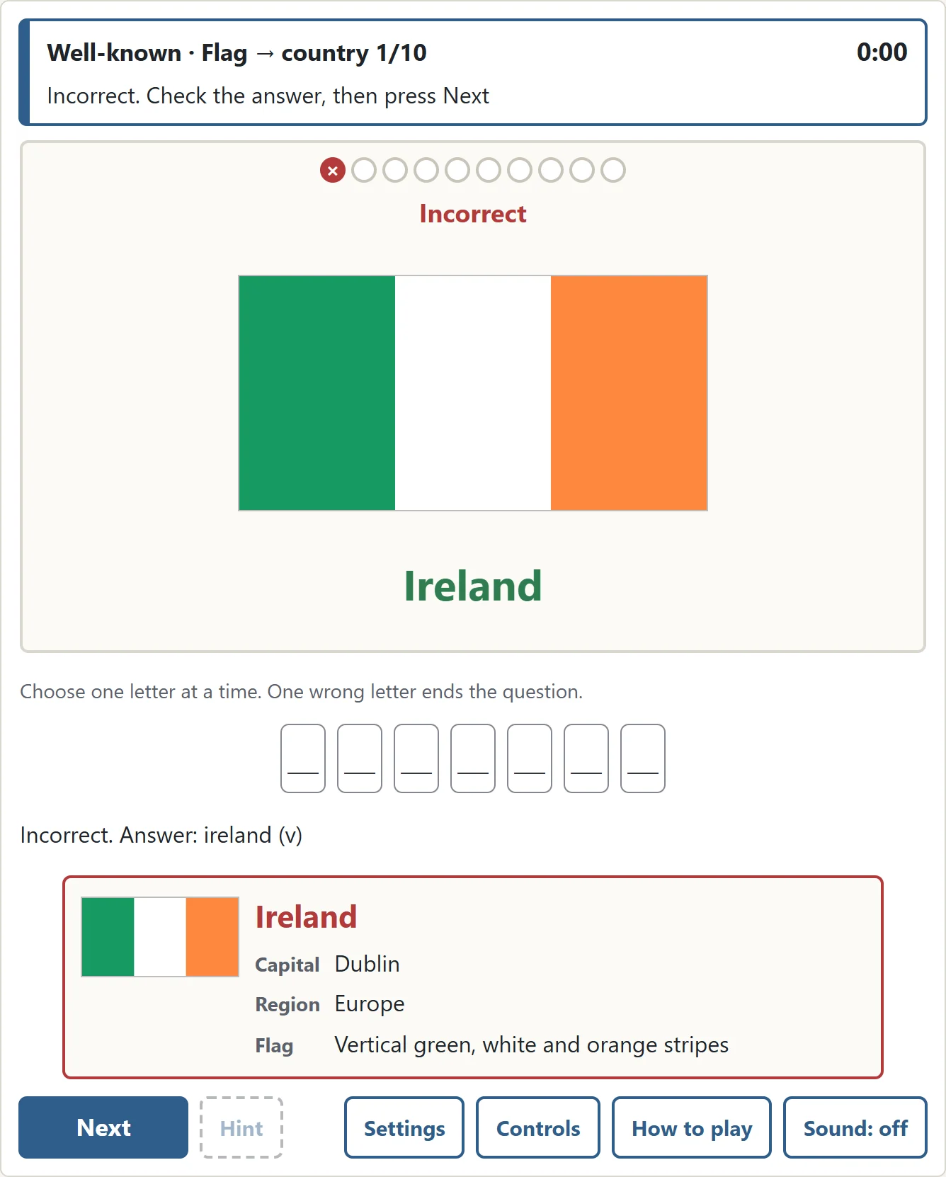 After a wrong letter, the answer and country details for Ireland are shown