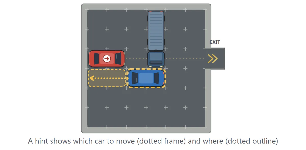 A car has a dotted frame, with an arrow pointing left and a dotted outline where it should go
