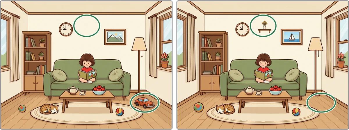 Two room pictures side by side, with green circles at the toy car and the small wall shelf in both.