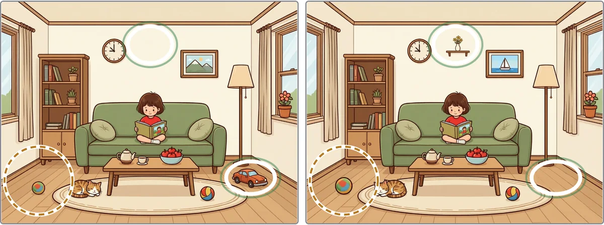 Both pictures show two found differences circled in green, and an orange circle around an area with an unfound difference.