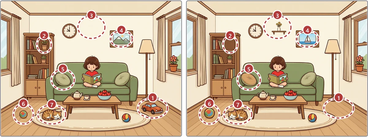 Hard answers shown with Show answers. All seven unfound differences have numbered red dotted marks in both room pictures.