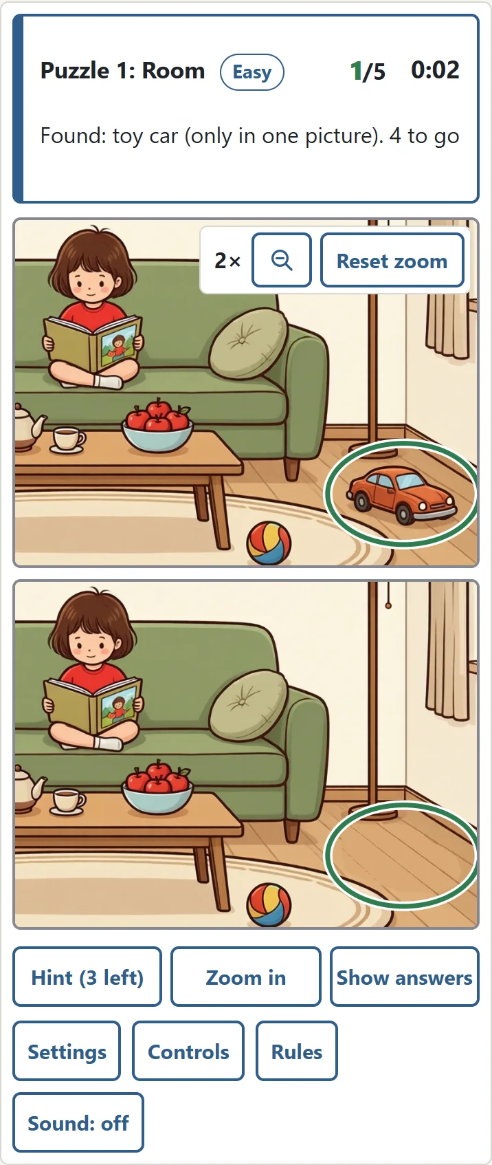 Phone view at 2× zoom. Both pictures show the same area, with green circles where the toy car was found.