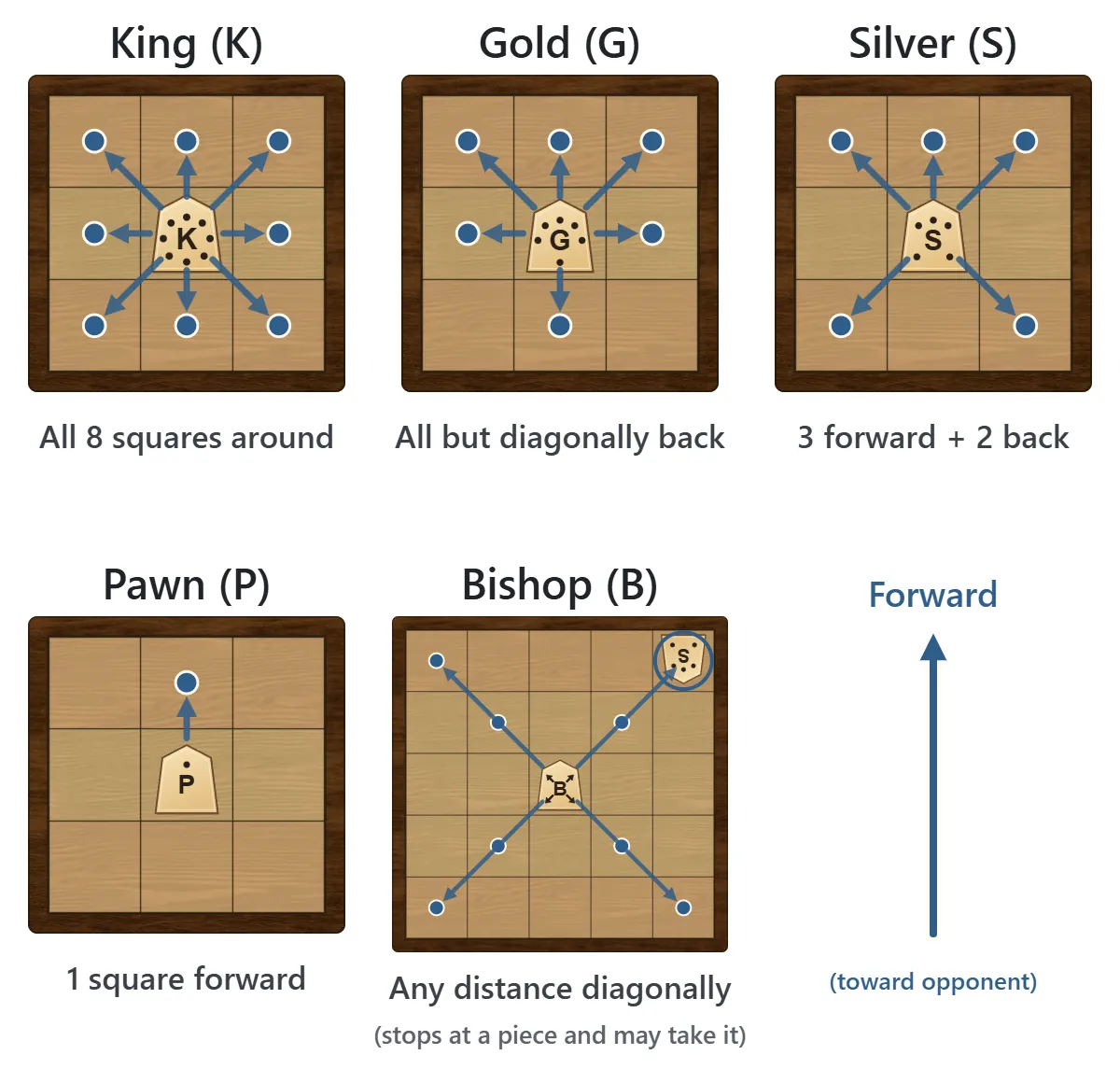 Five small diagrams showing where the king, gold, silver, pawn and bishop can move, with arrows and dots on the squares they reach