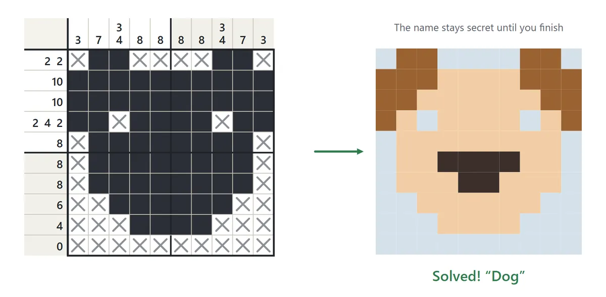 A 10×10 grid filled in black turns into a picture of a dog with brown ears and a light face when the puzzle is solved