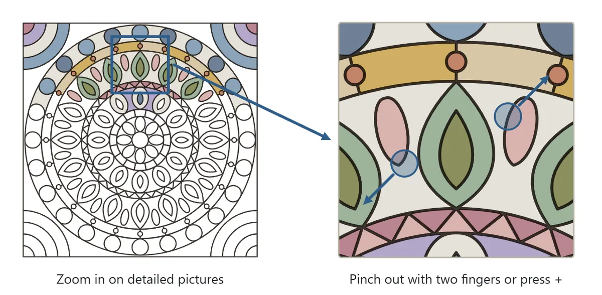 Part of a detailed mandala is outlined with a square and shown enlarged next to it, with two finger marks spreading apart