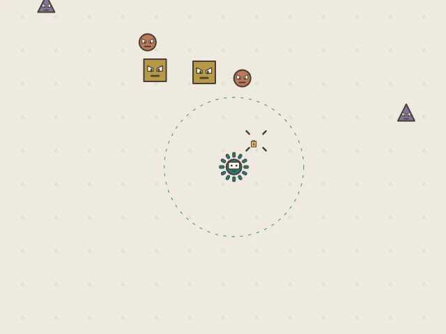 ① Short lines mark where an enemy was defeated. ② Collect the yellow battery it leaves along an open route. The bar above the arena shows progress toward your next upgrade.