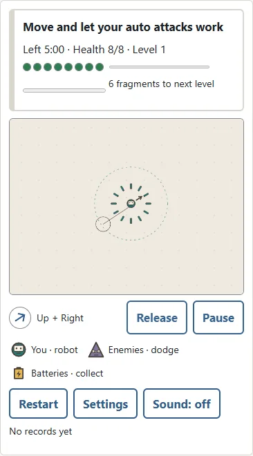 ① Drag from your first touch in any open part of the arena. ② The arrow shows your current direction. ③ Release cancels movement; lifting your finger also stops it. The teal robot is you.