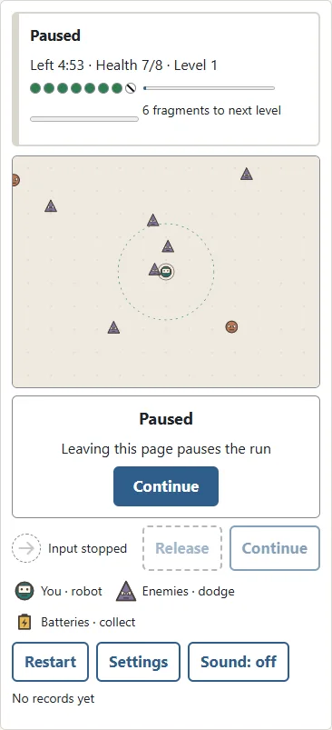 Contact costs one health point. ① The small outer ring marks brief protection. ② An empty mark shows lost health. Move away from overlapping enemies while protected.