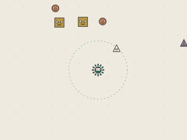 ① The dashed circle shows your attack range. ② An enemy robot briefly brightens when hit. You are the teal robot. Attacks automatically hit every enemy inside the circle.