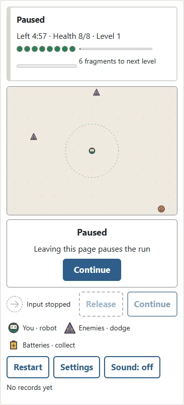 ① Round, triangular and square robots with stern eyes are enemies. ② Move around them toward open space and turn before reaching the edge. Avoid entering a swarm just to collect a fragment.