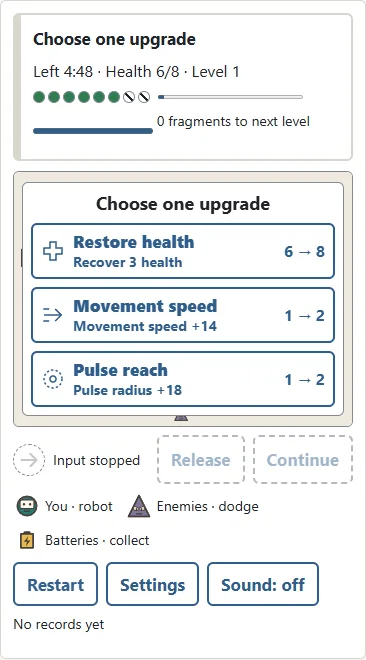 The three choices appear over the arena. Enemies and the timer stop while you read. ① Press one choice to apply it and resume. ② The numbers show the current and next values, or health before and after recovery.
