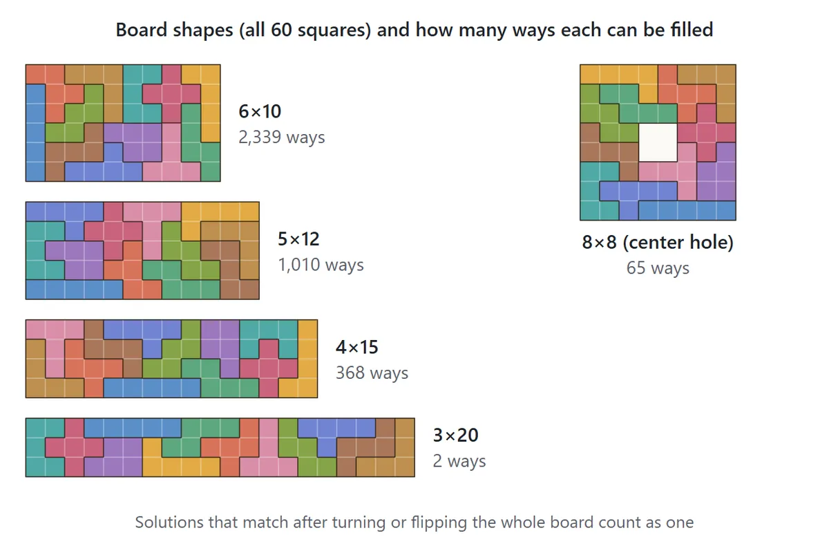Five boards, each filled with all twelve pieces: 6×10 with 2,339 solutions, 5×12 with 1,010, 4×15 with 368, 3×20 with 2, and the 8×8 square with a 2×2 hole in the center with 65.