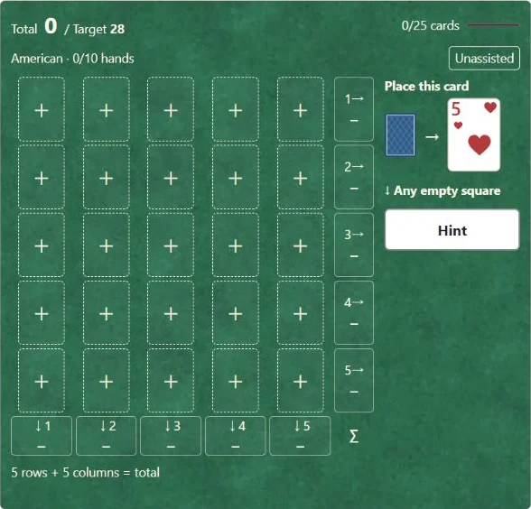 Actual game: the 5 of Hearts and an arrow to an empty square.