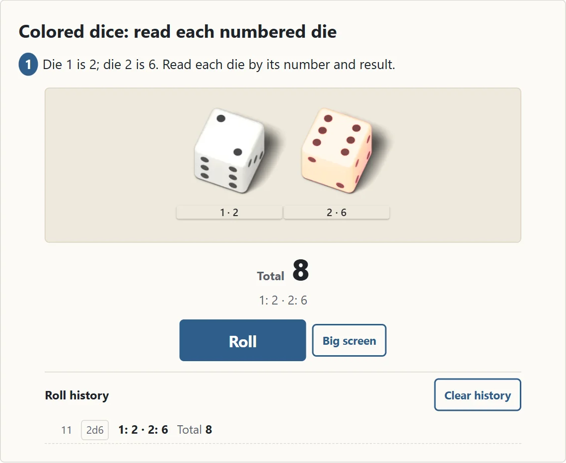 The white die 1 shows 2 and the red die 2 shows 6. Their numbers and individual results appear with Total 8