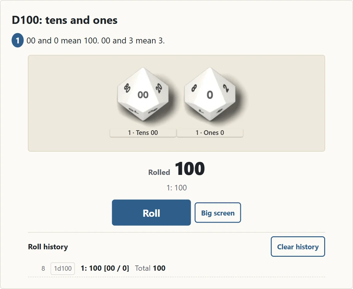A D100 roll: die 1 shows Tens 00 and Ones 0. The result and history show 100