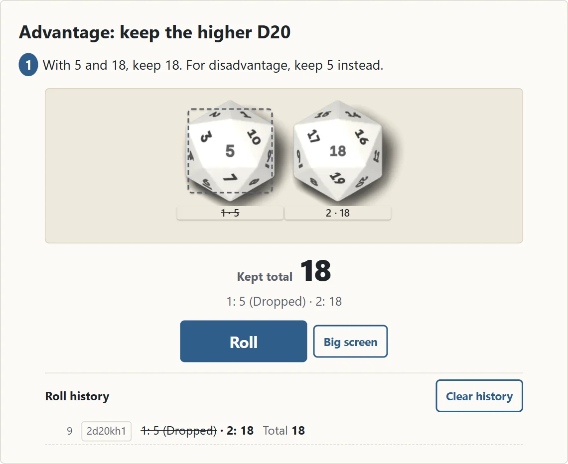 Two D20s: die 1 shows 5 and is marked Dropped; die 2 shows 18. Kept total 18