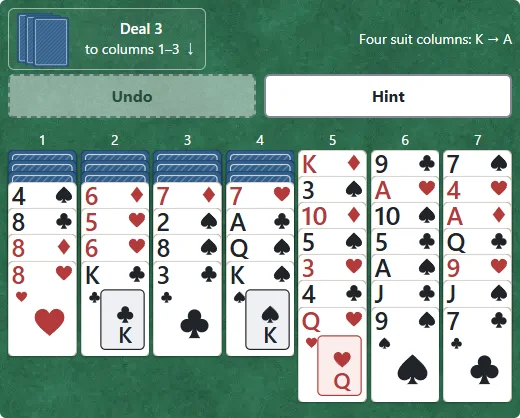 The packet at top left holds three reserve cards. Build four K-to-A suit columns in the seven columns.
