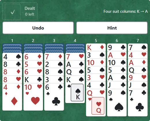 Tap the reserve packet to deal one card to each of the first three columns. Undo returns all three to the packet.